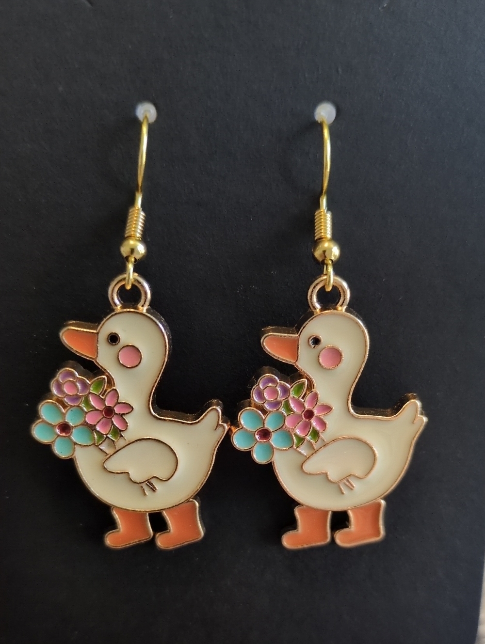 Cute Duck Floral Enamel Drop Earrings - Cream & Peach